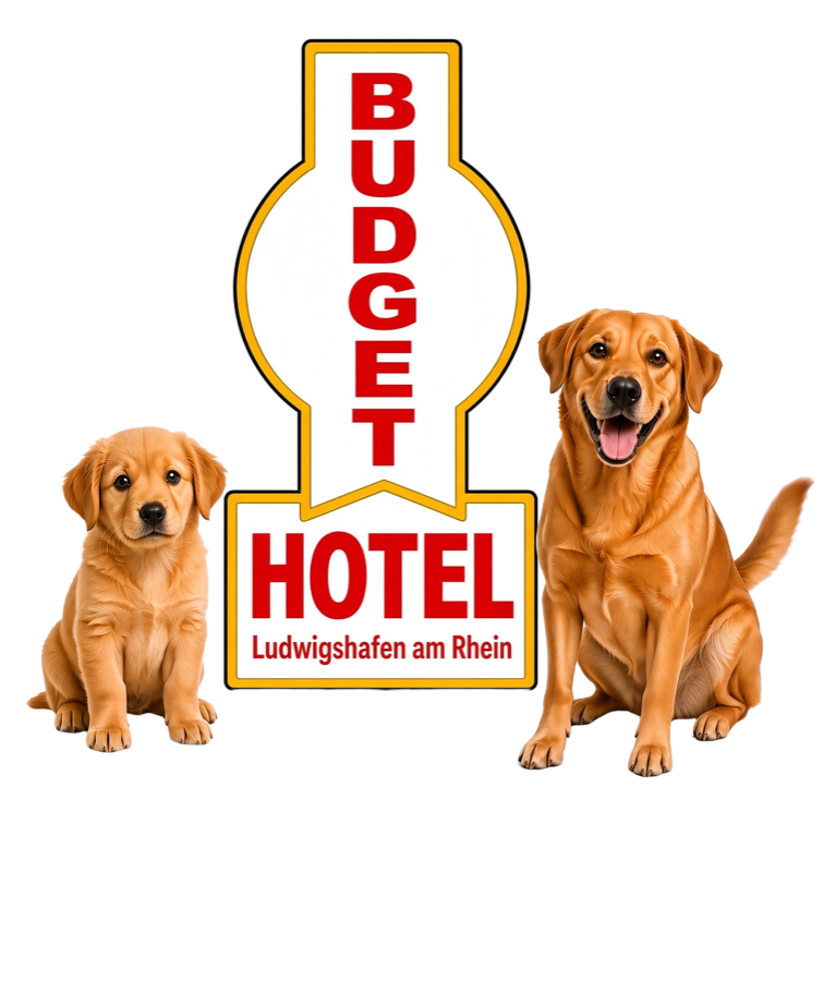 Das Budget-Hotel-Schild mit zwei Vierbeinern